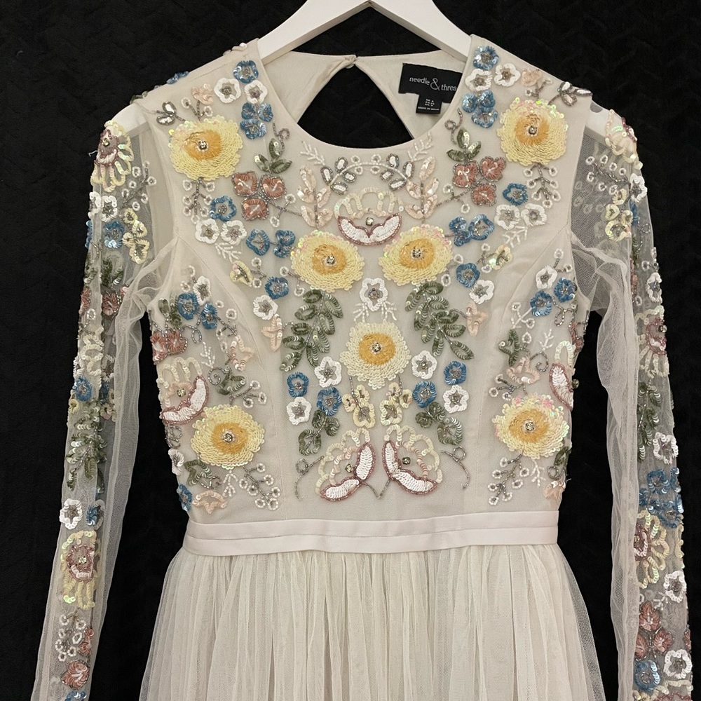 New-Needle & Thread full-length, lined gown with sequin bodice and open back.